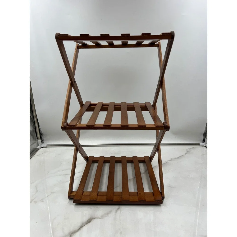 Bamboo 3 Tier Folding Plant Stand Slatted Wood Display Shelf Brown 11 Inch